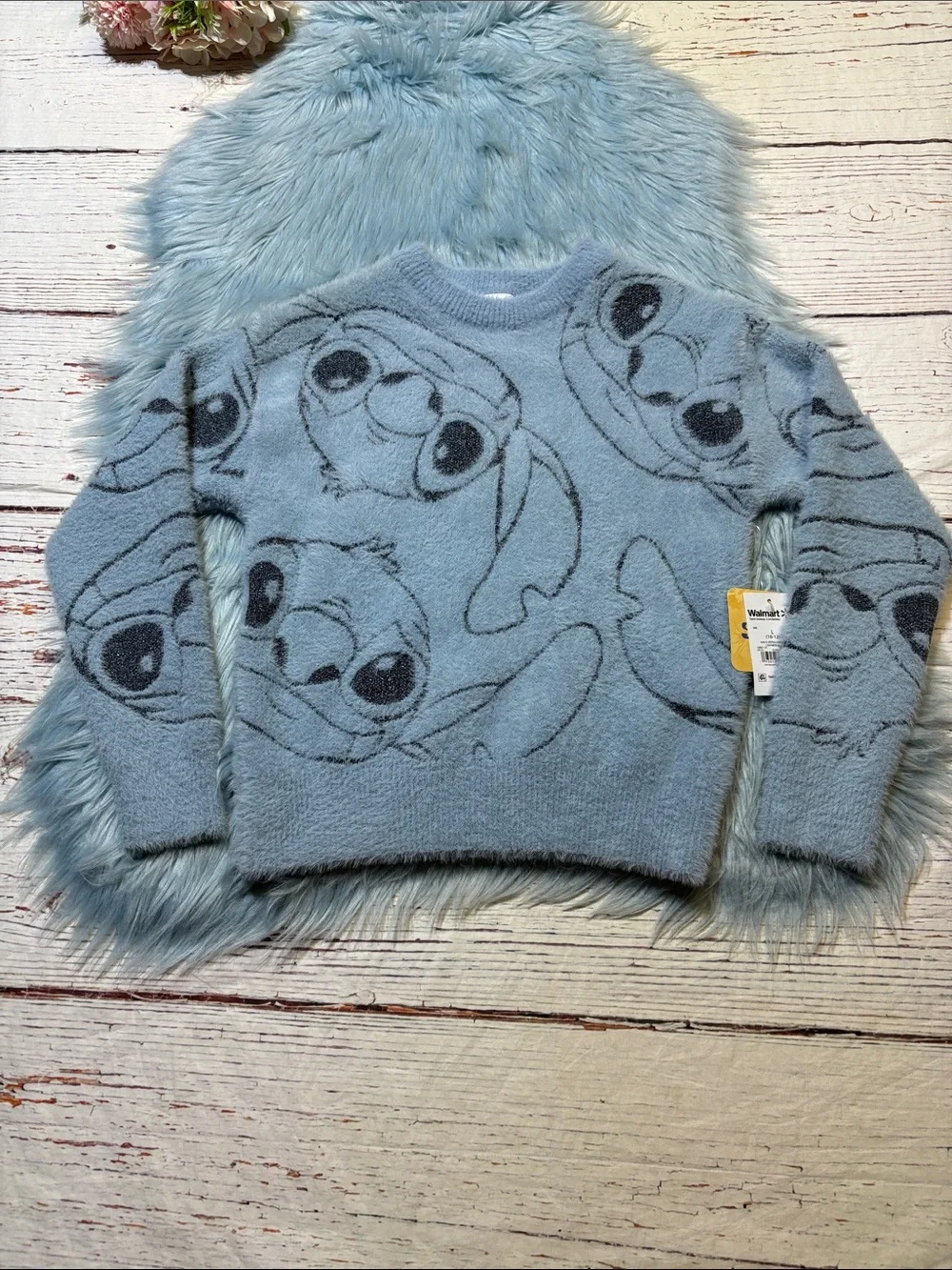 NWT Disney Stitch Blue Fuzzy Stitch Face Crewneck Sweater sz L